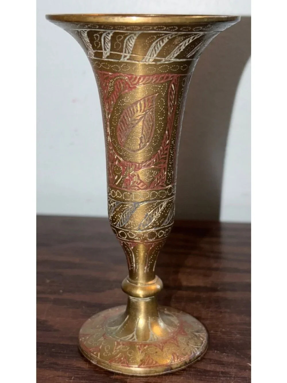 Vintage Etched Brass Bud Vase Red/White Floral Detailing 5